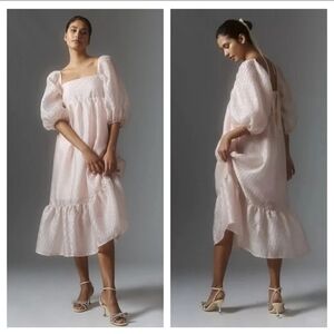 ANTHROPOLOGIE Soft Pale Pink Textured Puff Sleeve Baby Doll Midi Dress Large